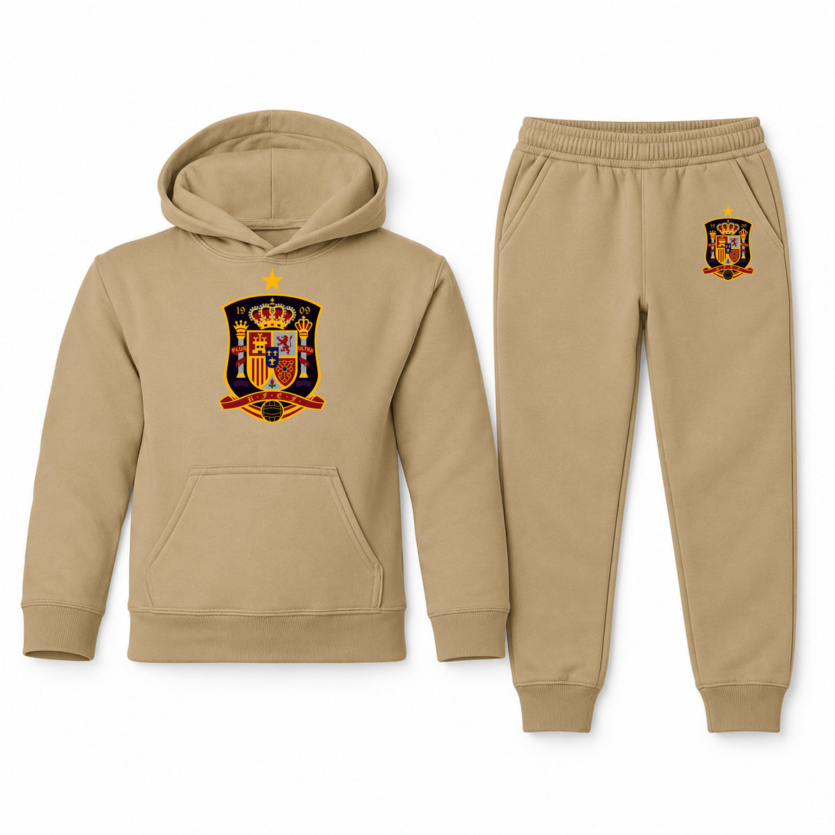 Spain National Soccer Team youth hoodie jogger set, Khaki, Youth Large ages 10–12