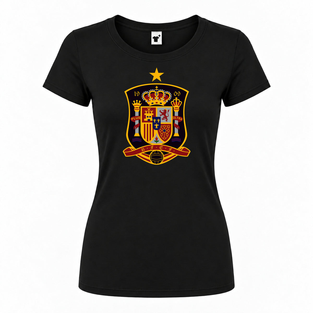 Women's Spain National Soccer Team Round Neck T-Shirt — Black — original logo on current Drive garment