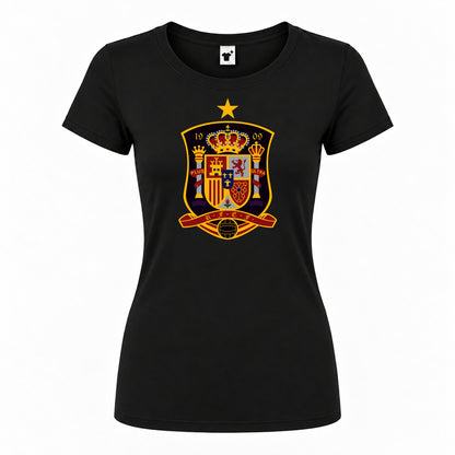 Women's Spain National Soccer Team Round Neck T-Shirt — Black — original logo on current Drive garment