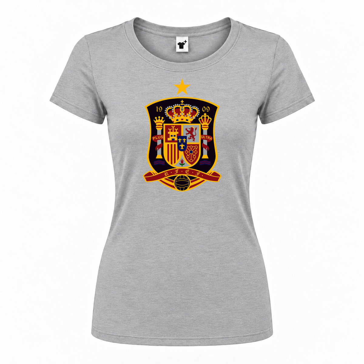 Women's Spain National Soccer Team Round Neck T-Shirt — Grey — original logo on current Drive garment