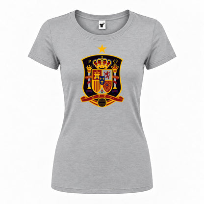 Women's Spain National Soccer Team Round Neck T-Shirt — Grey — original logo on current Drive garment