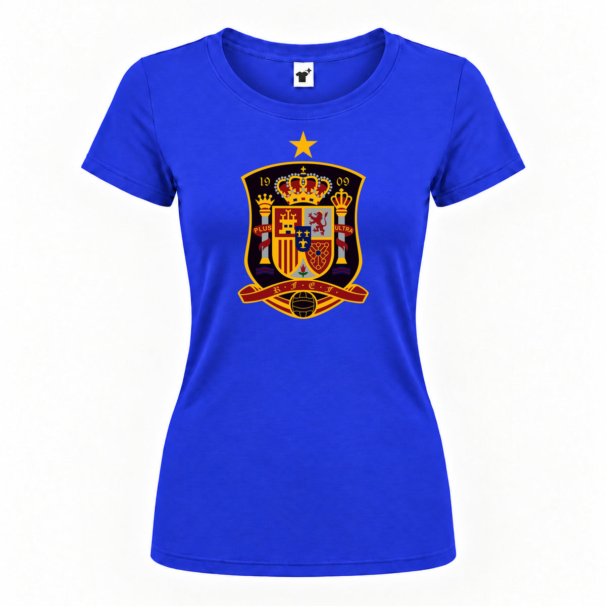 Women's Spain National Soccer Team Round Neck T-Shirt — Royal Blue — original logo on current Drive garment