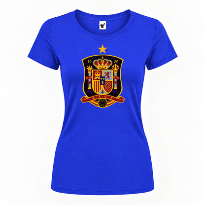 Women's Spain National Soccer Team Round Neck T-Shirt — Royal Blue — original logo on current Drive garment