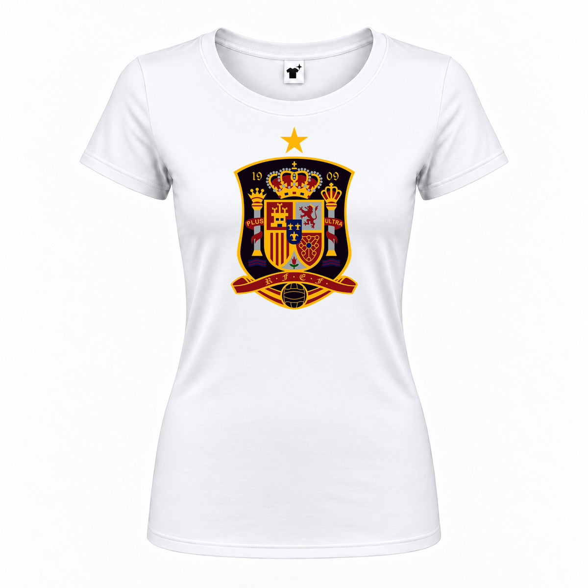 Women's Spain National Soccer Team Round Neck T-Shirt — White — original logo on current Drive garment
