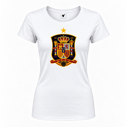 Women's Spain National Soccer Team Round Neck T-Shirt — White — original logo on current Drive garment