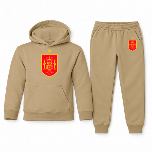 Spain Red Logo National Soccer Team youth hoodie jogger set, Khaki, Youth Large ages 10–12