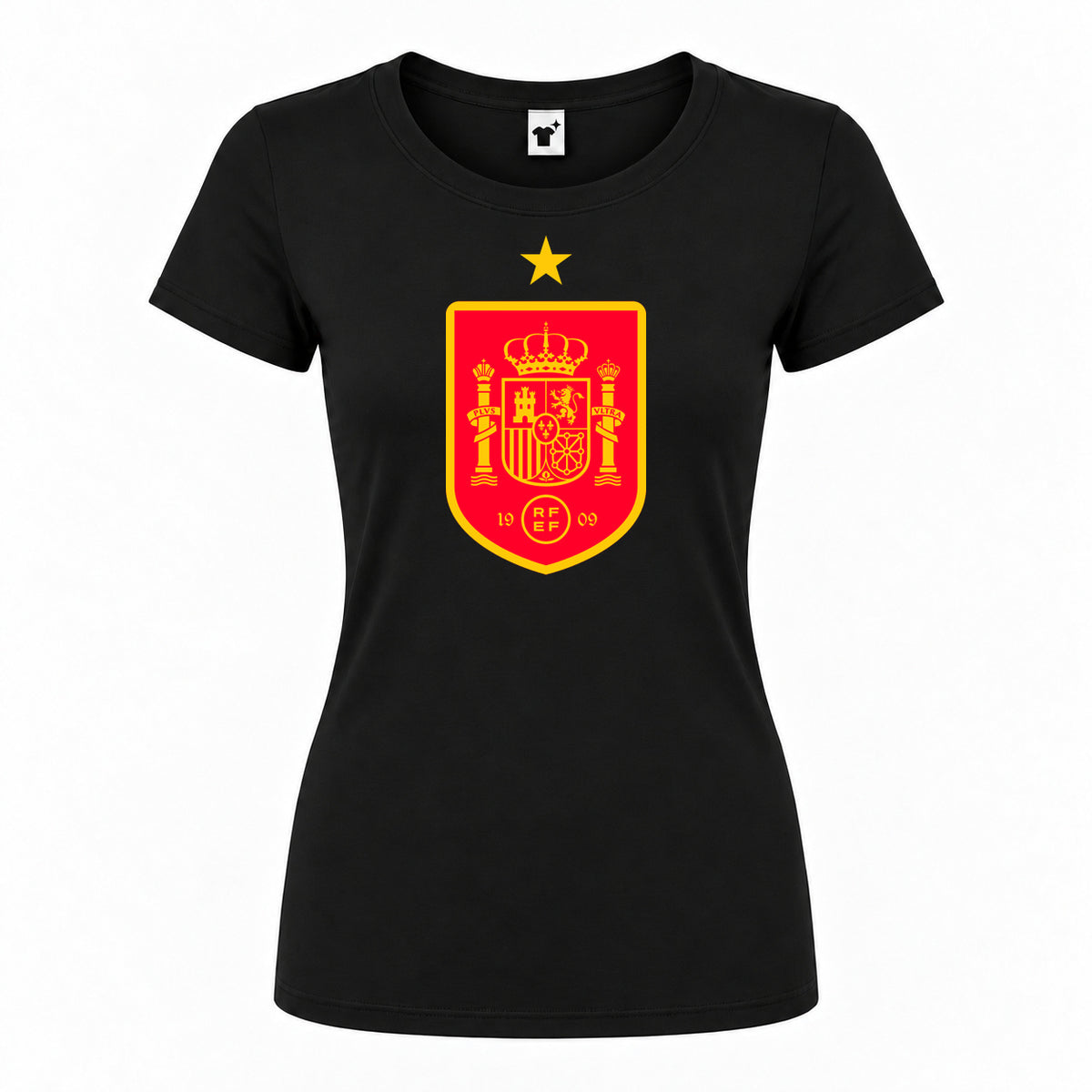 Women's Spain Red Logo National Soccer Team Round Neck T-Shirt — Black — original logo on current Drive garment