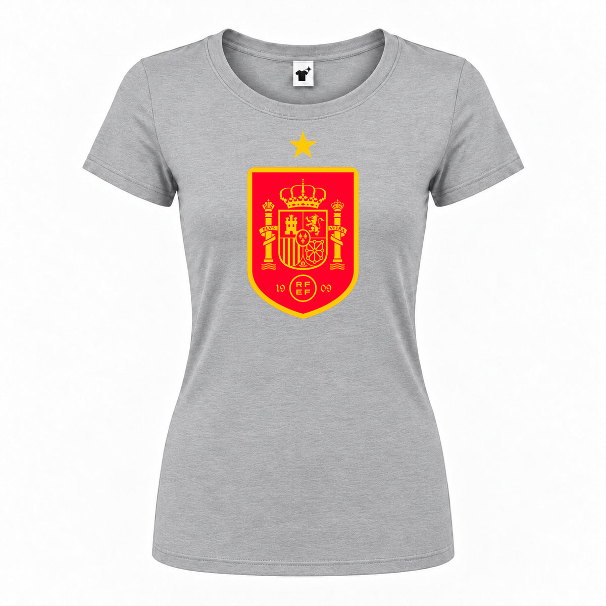 Women's Spain Red Logo National Soccer Team Round Neck T-Shirt — Grey — original logo on current Drive garment