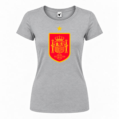 Women's Spain Red Logo National Soccer Team Round Neck T-Shirt — Grey — original logo on current Drive garment