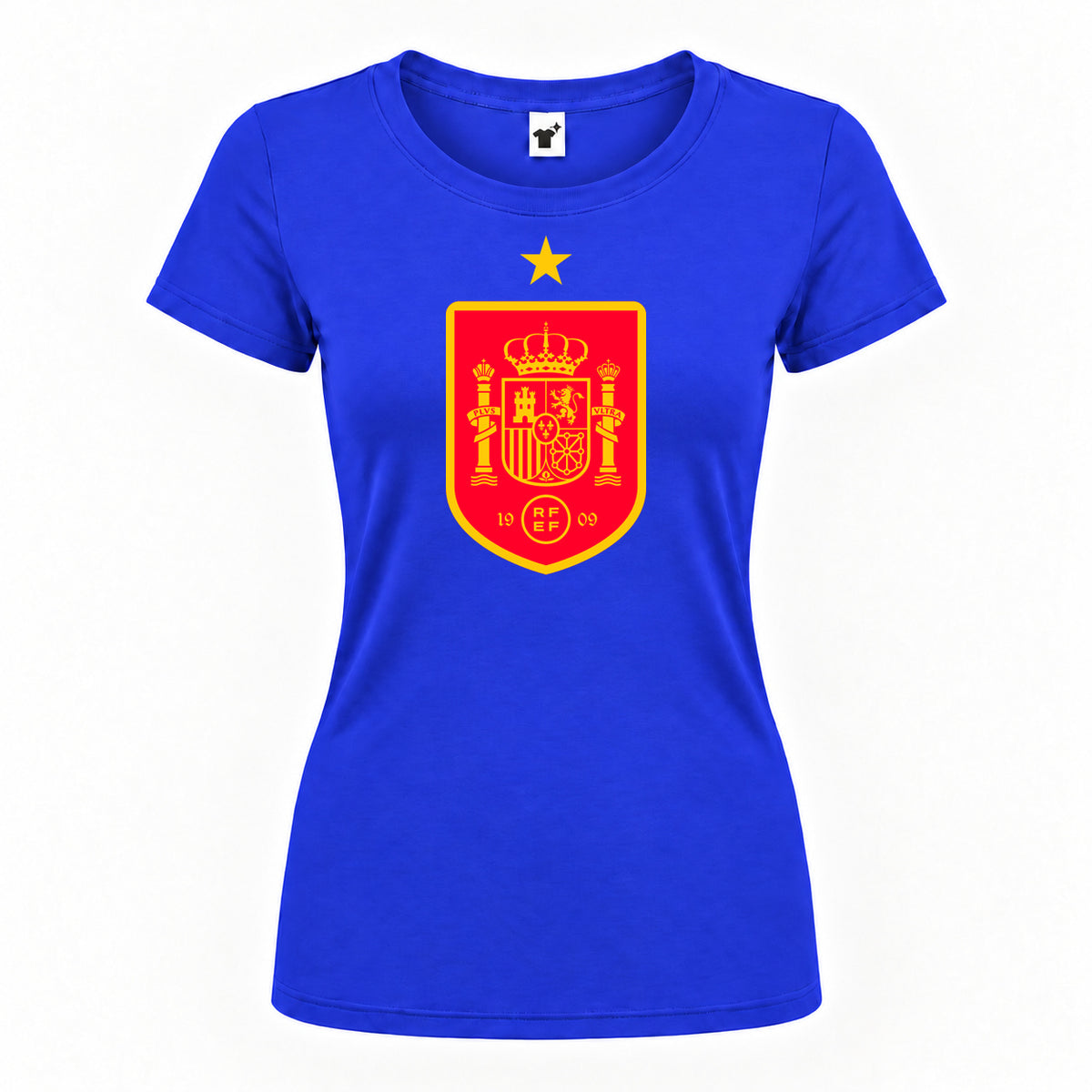 Women's Spain Red Logo National Soccer Team Round Neck T-Shirt — Royal Blue — original logo on current Drive garment
