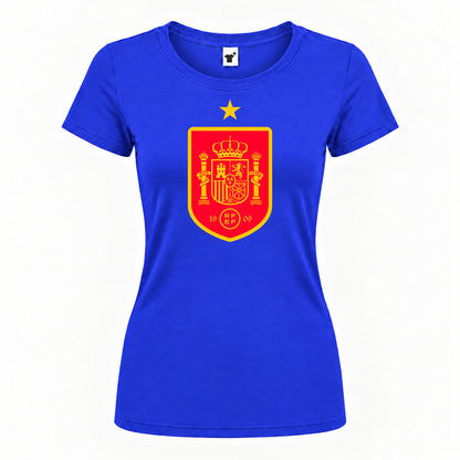 Women's Spain Red Logo National Soccer Team Round Neck T-Shirt — Royal Blue — original logo on current Drive garment