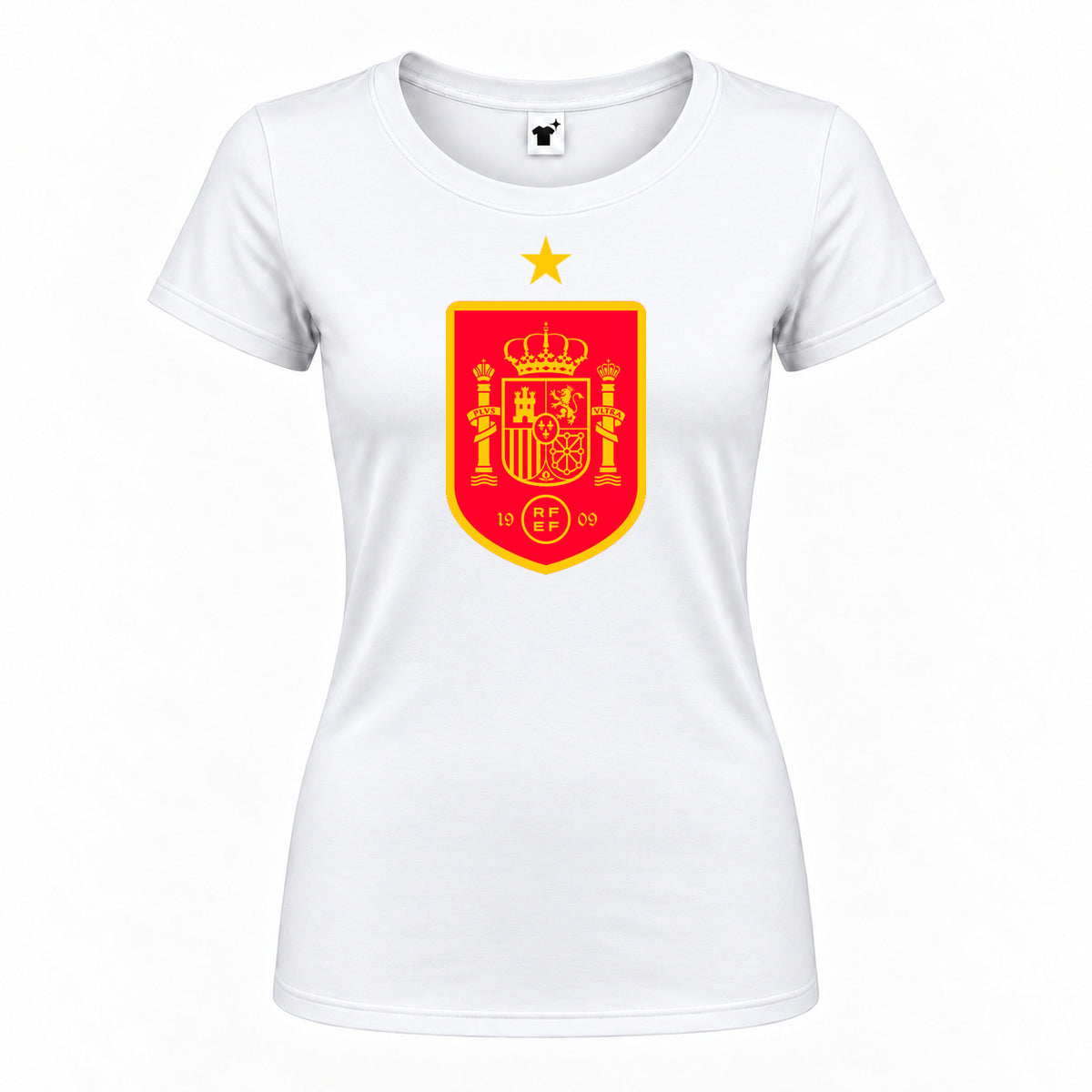 Women's Spain Red Logo National Soccer Team Round Neck T-Shirt — White — original logo on current Drive garment