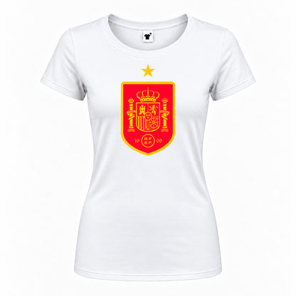 Women's Spain Red Logo National Soccer Team Round Neck T-Shirt — White — original logo on current Drive garment