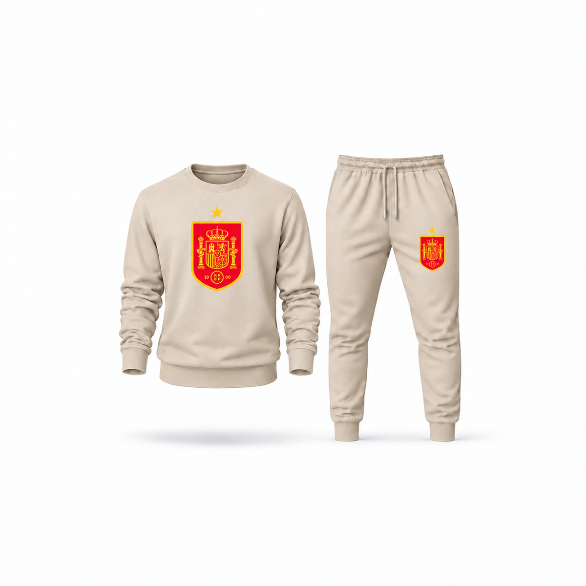 Men's Spain Red Logo National Soccer Team Sweatshirt Joggers Set | Color: Tan | Main