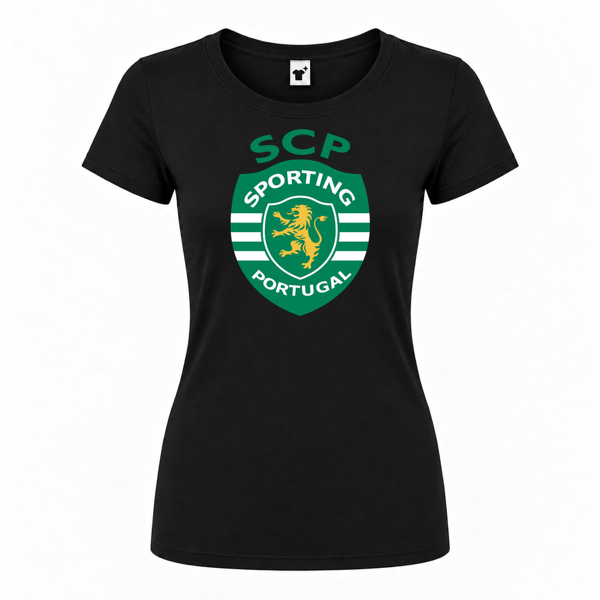 Women's Sporting CP FC Round Neck T-Shirt — Black — original logo on current Drive garment