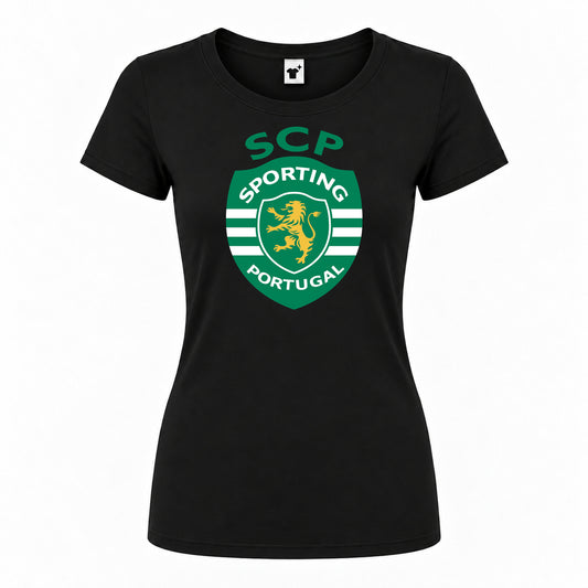 Women's Sporting CP FC Round Neck T-Shirt — Black — original logo on current Drive garment