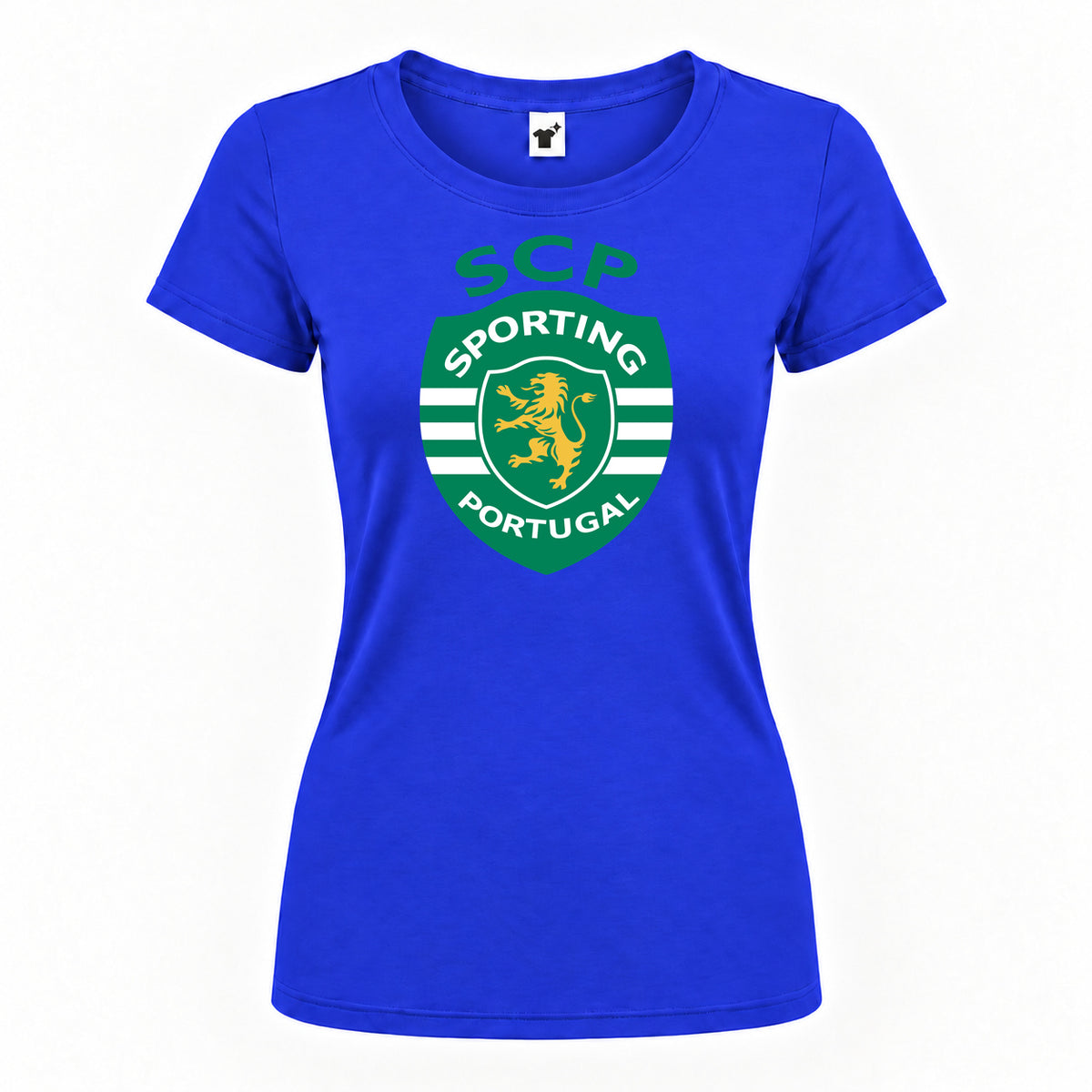 Women's Sporting CP FC Round Neck T-Shirt — Royal Blue — original logo on current Drive garment