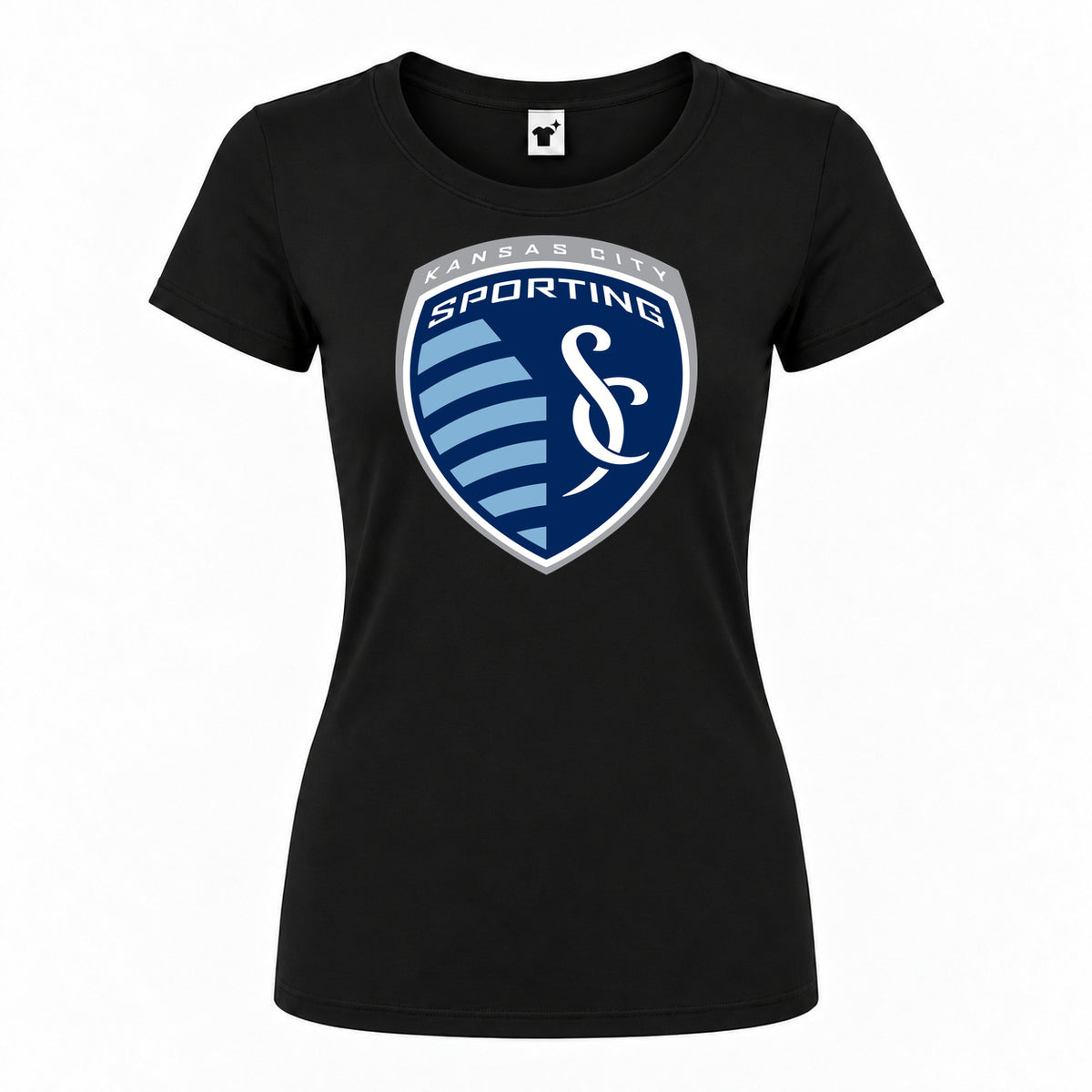 Women's Sporting Kansas City FC Round Neck T-Shirt — Black — original logo on current Drive garment
