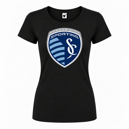 Women's Sporting Kansas City FC Round Neck T-Shirt — Black — original logo on current Drive garment