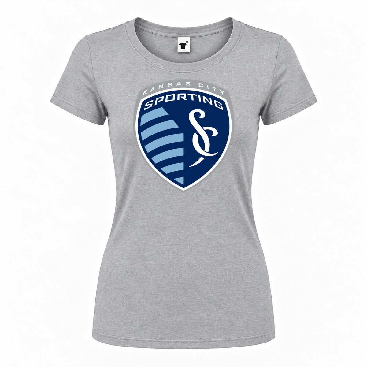 Women's Sporting Kansas City FC Round Neck T-Shirt — Grey — original logo on current Drive garment
