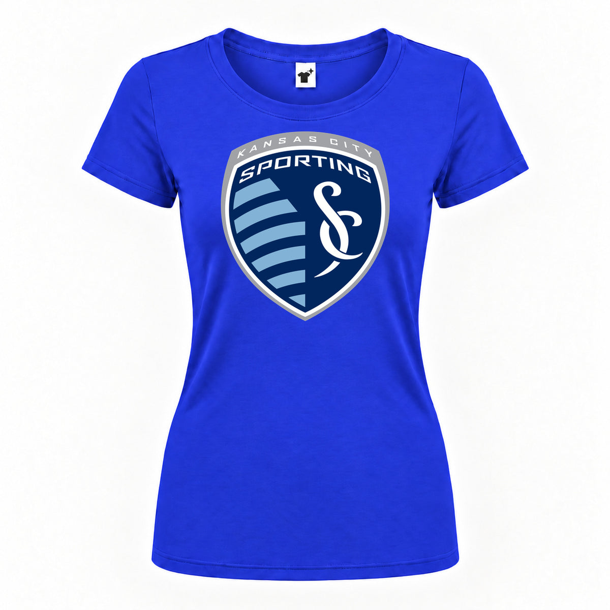 Women's Sporting Kansas City FC Round Neck T-Shirt — Royal Blue — original logo on current Drive garment