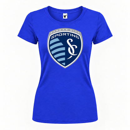 Women's Sporting Kansas City FC Round Neck T-Shirt — Royal Blue — original logo on current Drive garment