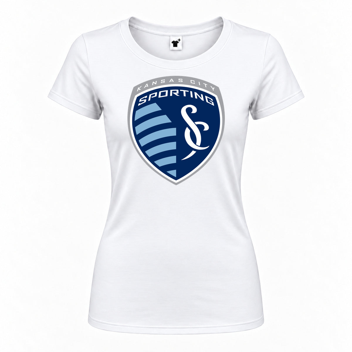 Women's Sporting Kansas City FC Round Neck T-Shirt — White — original logo on current Drive garment