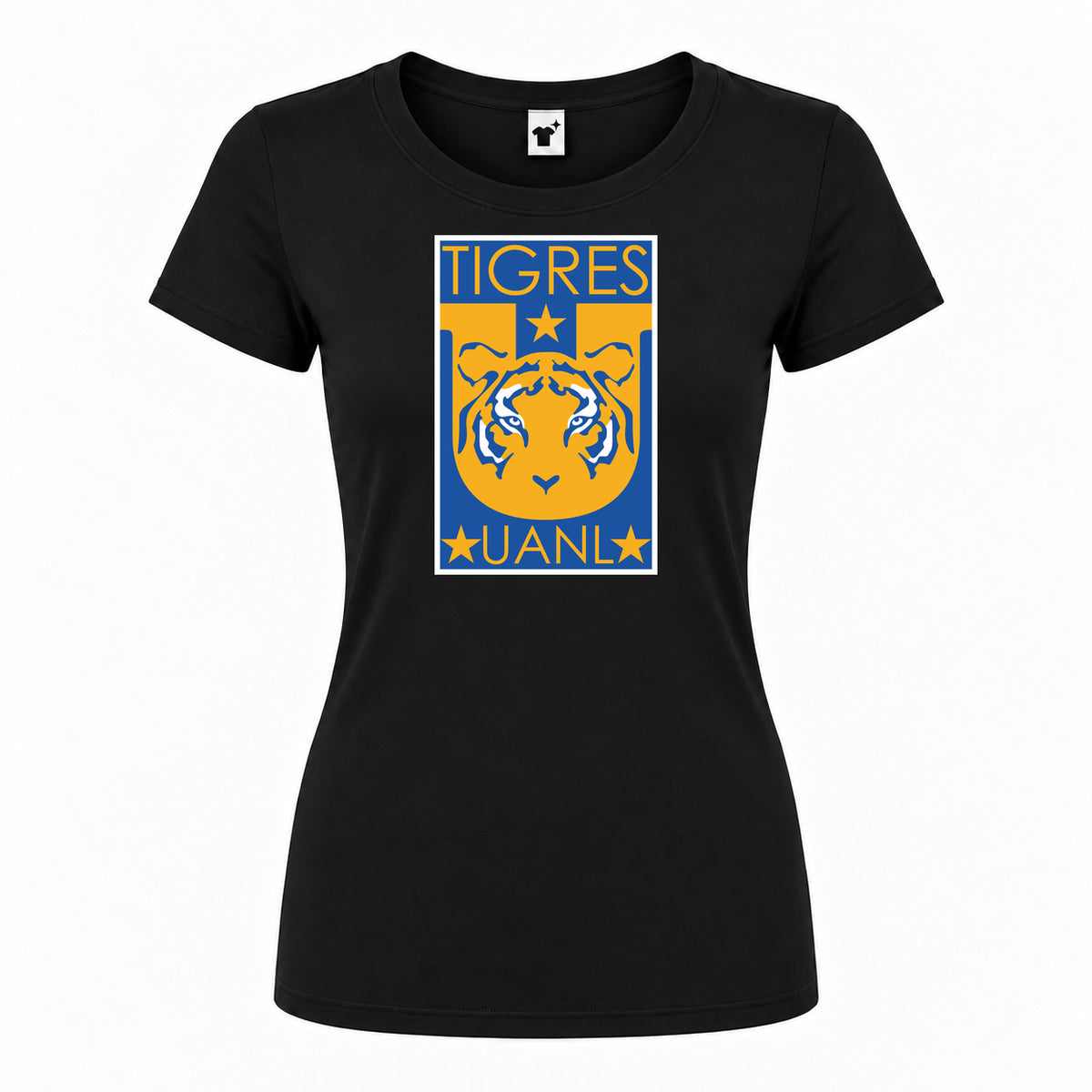 Women's Tigres UANL FC Round Neck T-Shirt — Black — original logo on current Drive garment