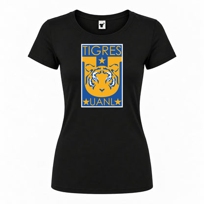 Women's Tigres UANL FC Round Neck T-Shirt — Black — original logo on current Drive garment