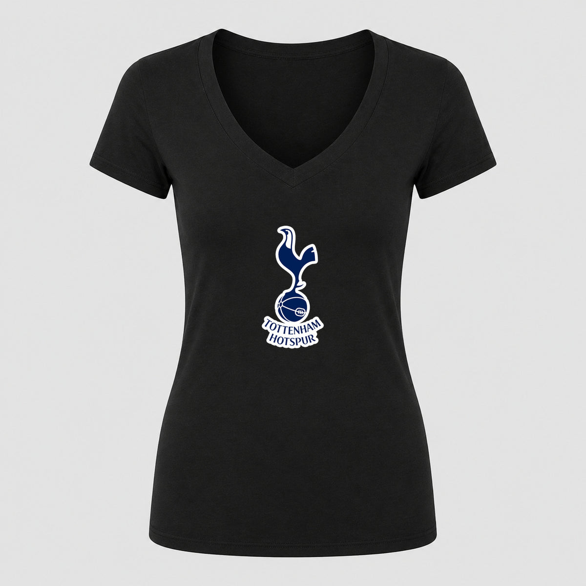 Women's Tottenham Hotspur F.C. Soccer V-Neck T-Shirt | Color: Black | Original artwork on Drive garment