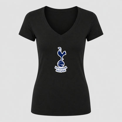 Women's Tottenham Hotspur F.C. Soccer V-Neck T-Shirt | Color: Black | Original artwork on Drive garment