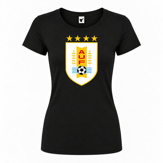 Women's Uruguay National Soccer Team Round Neck T-Shirt — Black — original logo on current Drive garment