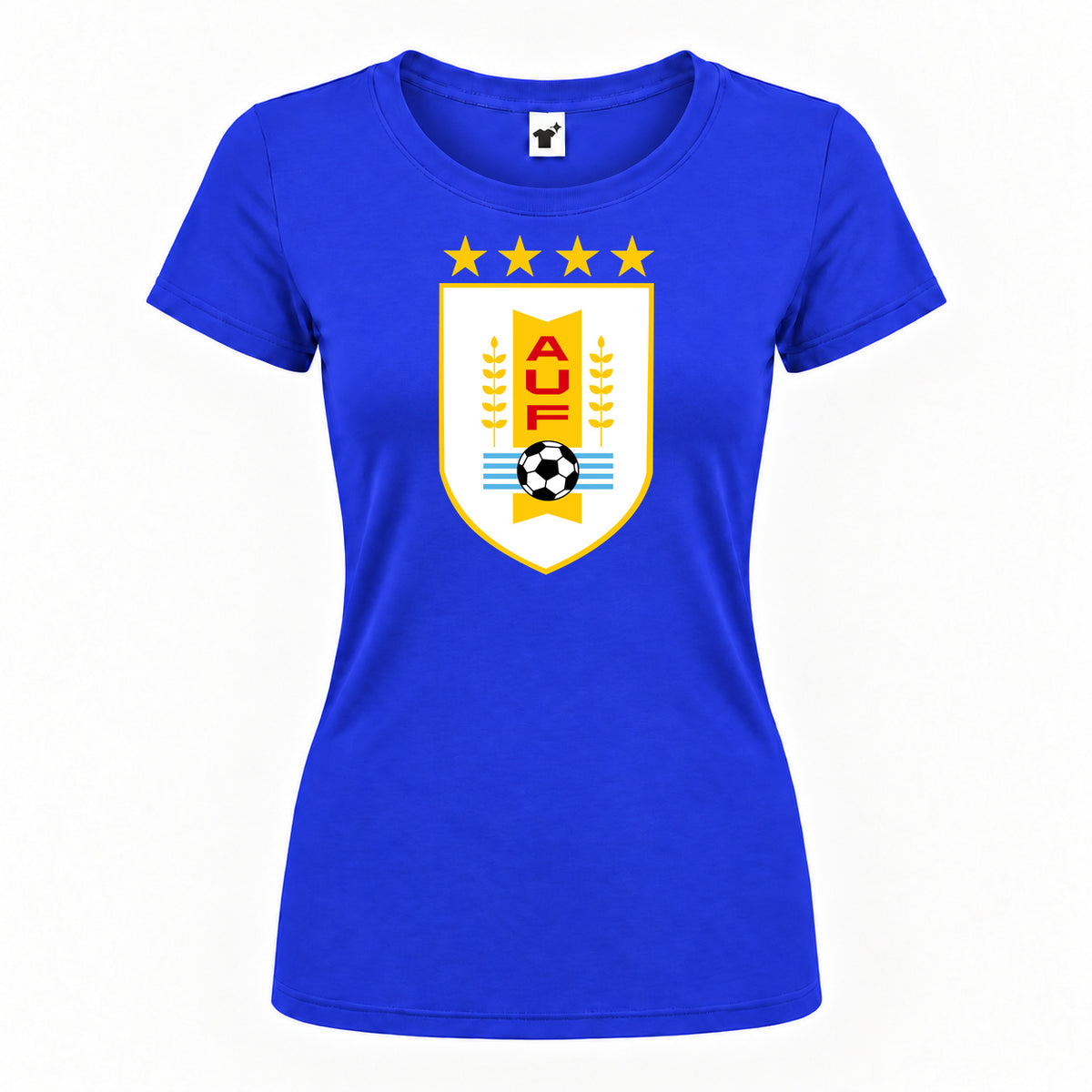 Women's Uruguay National Soccer Team Round Neck T-Shirt — Royal Blue — original logo on current Drive garment