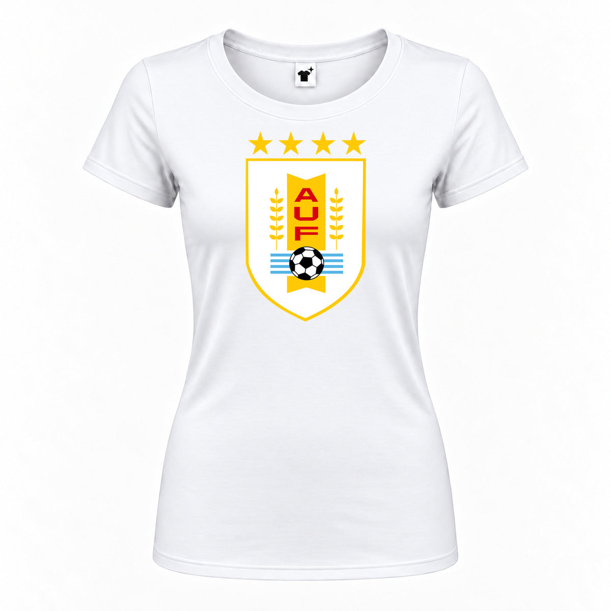 Women's Uruguay National Soccer Team Round Neck T-Shirt — White — original logo on current Drive garment