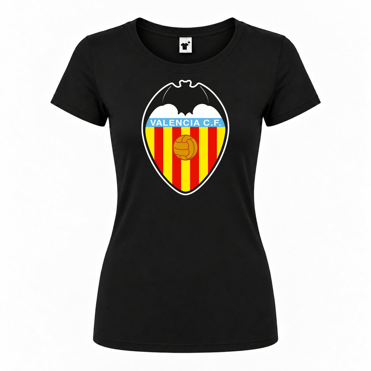 Women's Valencia FC Round Neck T-Shirt — Black — original logo on current Drive garment