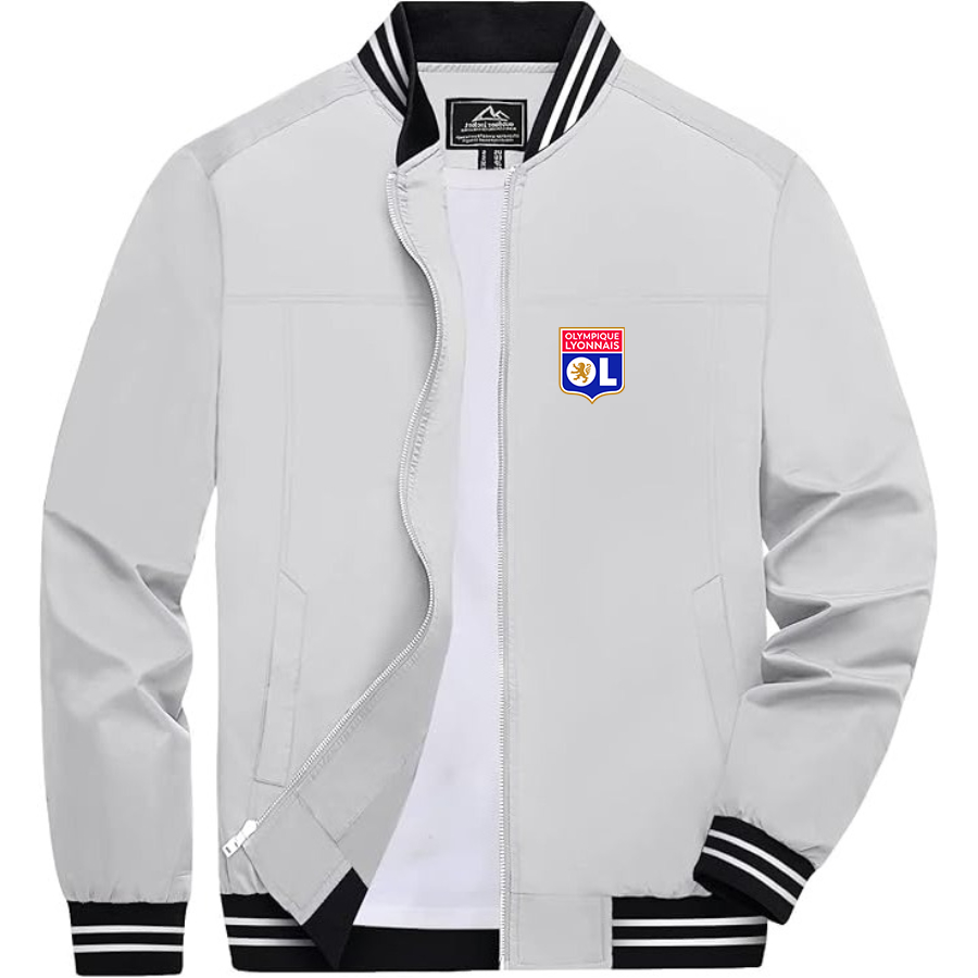 Men’s  Olympique Lyonnais FC   Lightweight Zip-Up Bomber Jacket with Ribbed Collar and Cuffs - Versatile Casual Outerwear