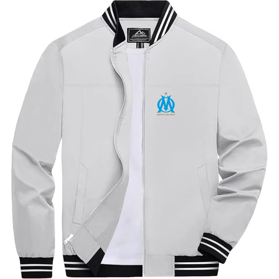 Men’s   Olympique de Marseille FC -  Lightweight Zip-Up Bomber Jacket with Ribbed Collar and Cuffs - Versatile Casual Outerwear