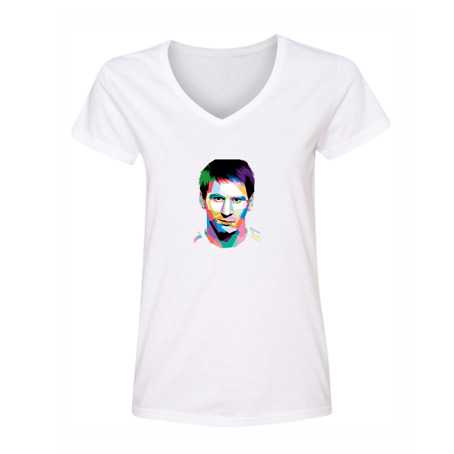 Women's Lionel Messi Face Art Soccer V-Neck T-Shirt