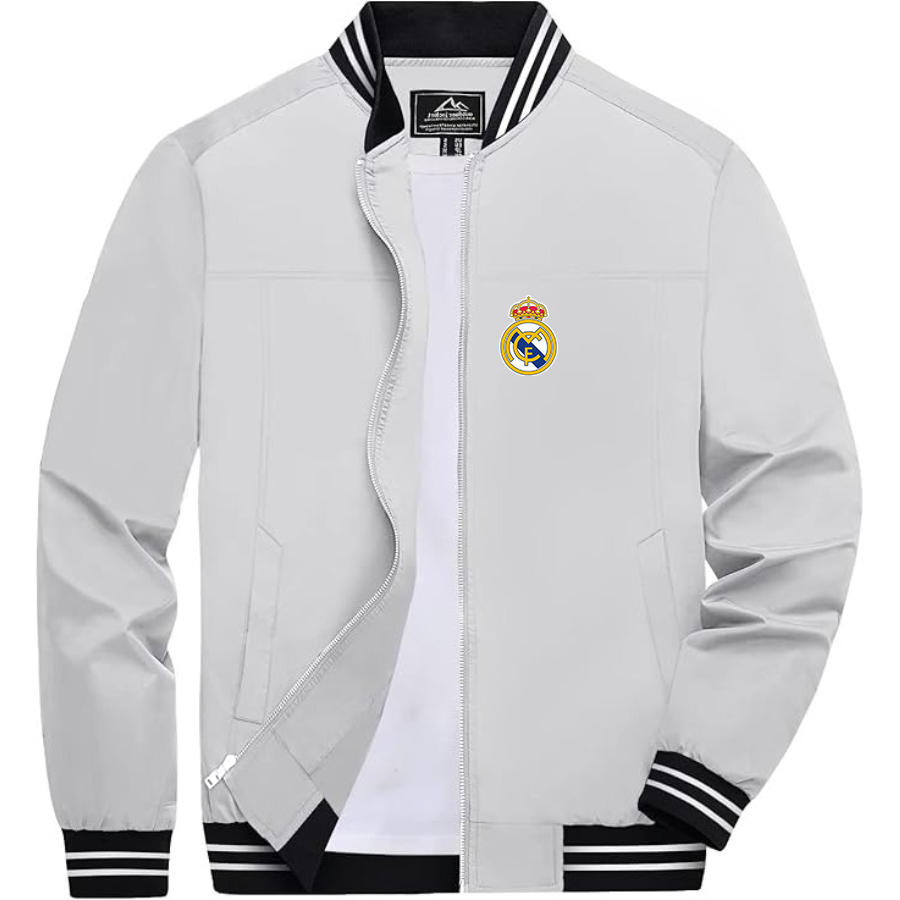 Men’s    Real Madrid Soccer   Lightweight Zip-Up Bomber Jacket with Ribbed Collar and Cuffs - Versatile Casual Outerwear