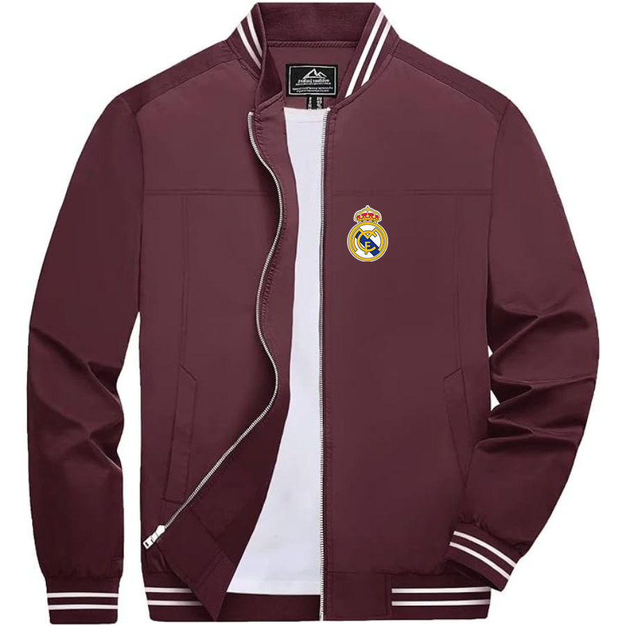 Men’s    Real Madrid Soccer   Lightweight Zip-Up Bomber Jacket with Ribbed Collar and Cuffs - Versatile Casual Outerwear